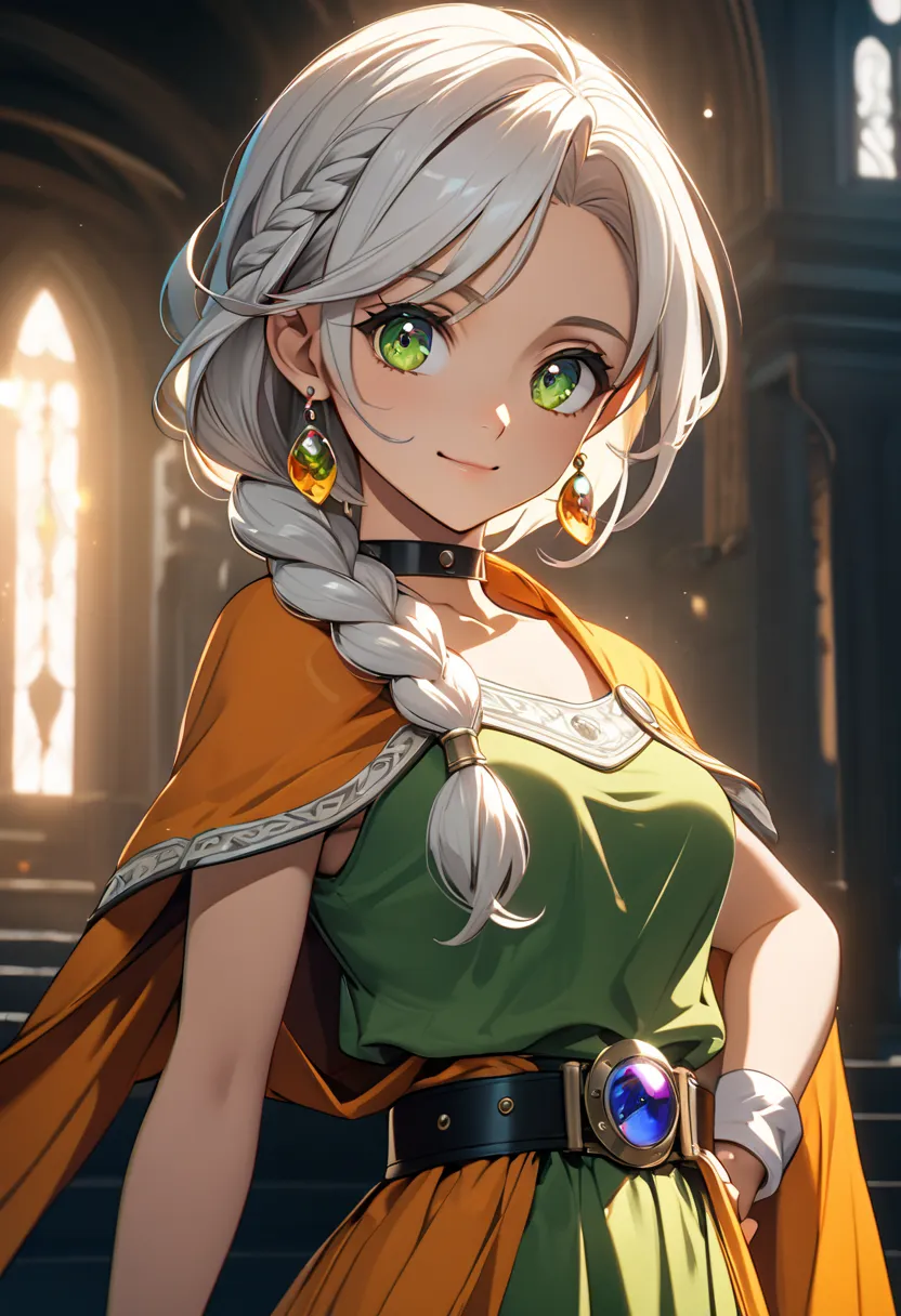 A stunning anime dqBianca with single braid, and hair over shoulder, big sparkling eyes, detailed irises, small nose and mouth, delicate facial features, soft smile, earrings, wearing a green dress, orange cape, belt, earrings, choker, confident pose with ...