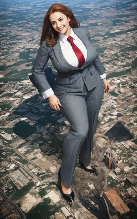 100 km tall giga giantic, curvy 40 year old ladies with a beautiful smile, bigger than a giant city, curvaceous figure, massive beast, and very very long ginger hair, with a curvaceous figure and massive natural breasts. wearing a tailored italian light gr...