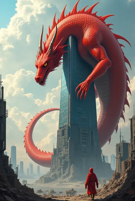 Draw a ruined high-tech city, and orbital impact in the background, on the front is a dragon bodybuilder who pierces a skyscraper with his tail and wraps it around it, the skyscraper falls apart under the weight of a huge red dragon with an Asian face, his...