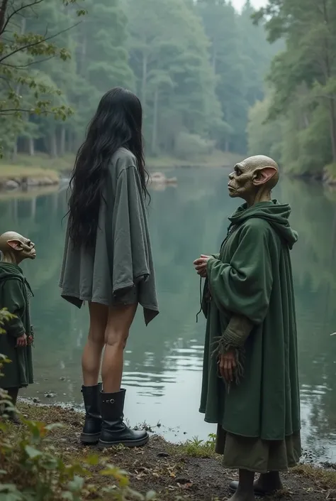 Realistic photo, cinematic quality, dark fantasy, beautiful sexy girl, long black hair, in a short gray magician's cloak, in black boots, bare legs, stands on the shore of a forest lake. Two ugly medium-sized goblins in green robes are watching her.