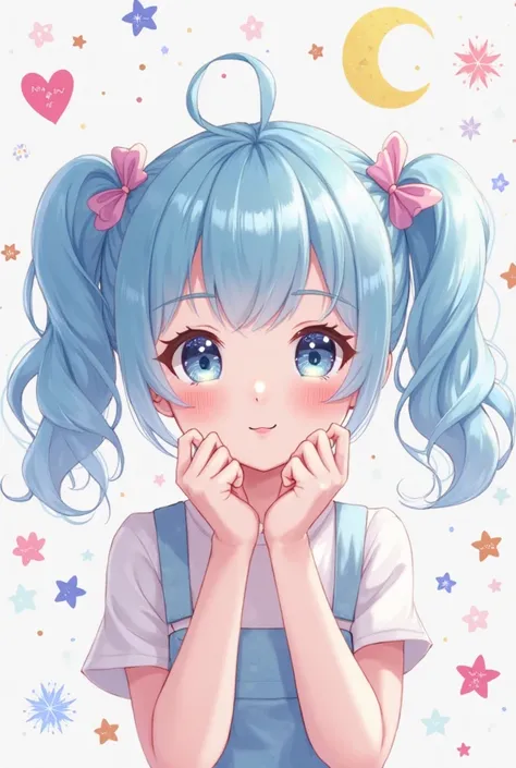 A short, baby-faced girl、 light blue hair、bangs、twin tails from above、 sparkling eyes、Moon image、Yume cute 、colorful stars and hearts on white background