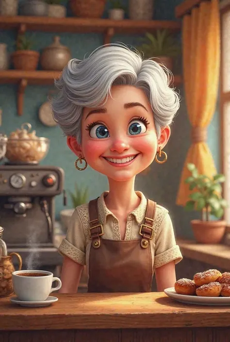 Animated logo of a grandmother selling coffee with short hair and blue eyes 