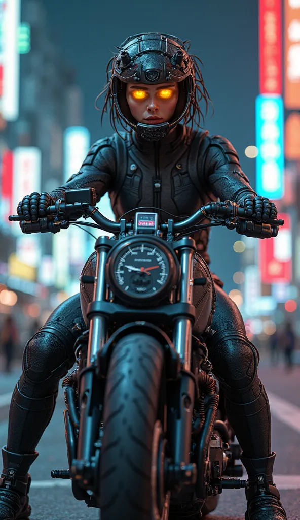 A hyper-realistic cyberpunk-style motorcycle-human hybrid. The human face and parts of the body are seamlessly fused with mechanical components, integrating with the motorcycle structure. The hair resembles wires and tubes, and the eyes glow like digital d...