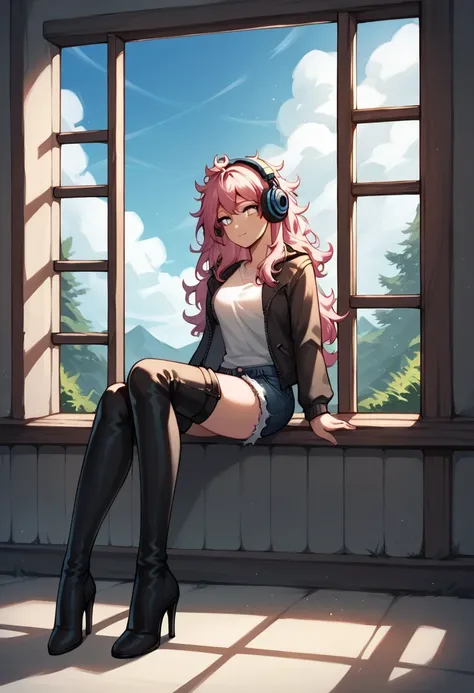 score_9, score_8_up, score_7_up, score_6_up, score_5_up, score_4_up, source_anime, 1woman, sexy face, sit, pink hair, long hair, white eyes, croosed legs, messy hair, white shirt, jacket, jeans shorts, black thigh high boots, heels, day, windows, beautiful...