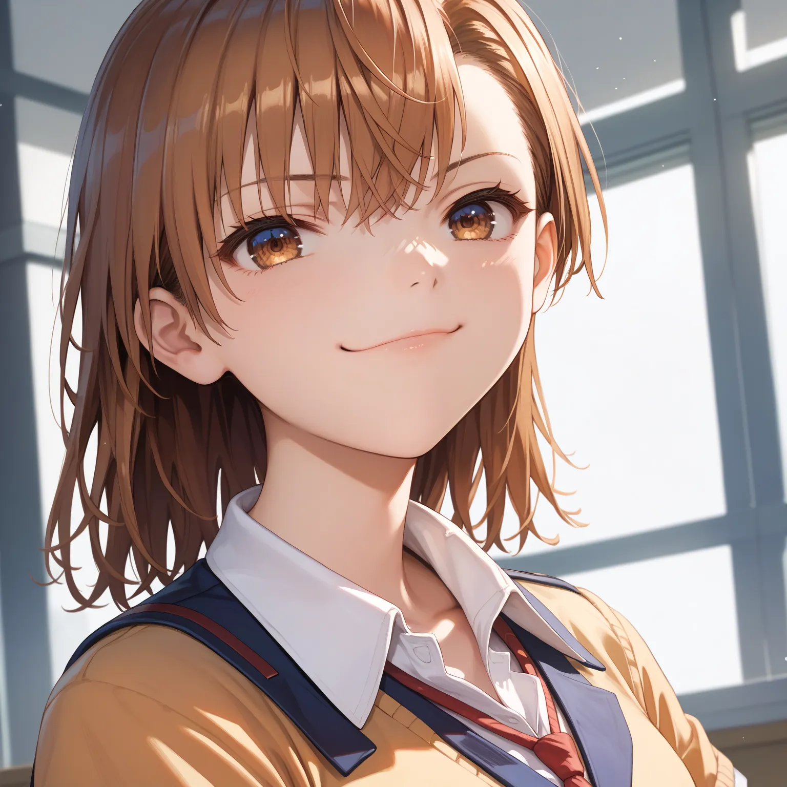 masterpiece, best quality, highly detailed, 8k uhd, score_9, score_8_up, score_7_up, perfect anatomy, perfect face, detailed face, (((detailed eye))), source_anime, Misaka Mikoto face close-up, Smug, Dutch angle, closed mouth, school uniform, short sleeve ...