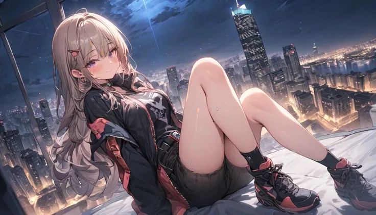 ((masterpiece, Highest quality)), very aesthetic, one girl, full body, jacket,  Retrofuture,  Night view of the city , emotional, detailed background