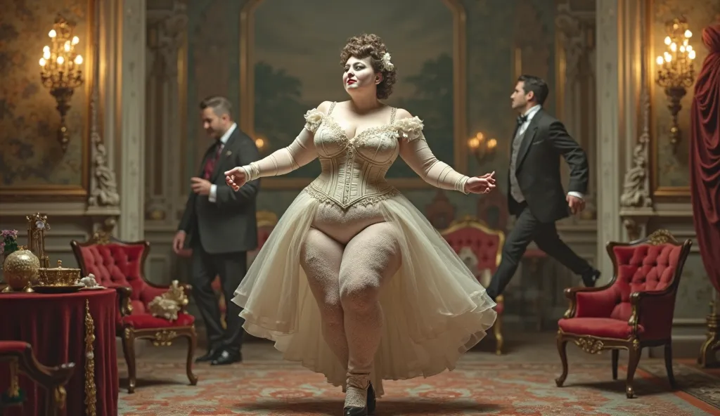 A botero like fat fat fat fat woman. Realistic. Ultra white make up on face and body. She wears Victorian era corset and dress. She is tap dancing. Scene in soft focus is a posh vintage Victorian interior. There are vintage paintings behind her. There is a...