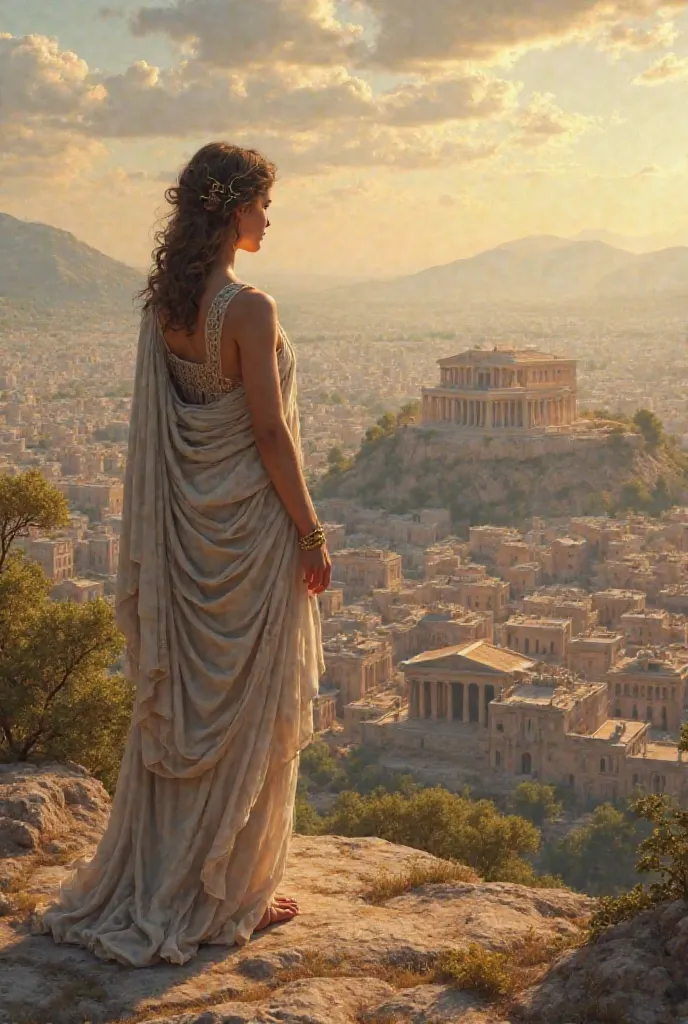 Take a picture of Lysistrata looking at the landscape of Athens together with Athena