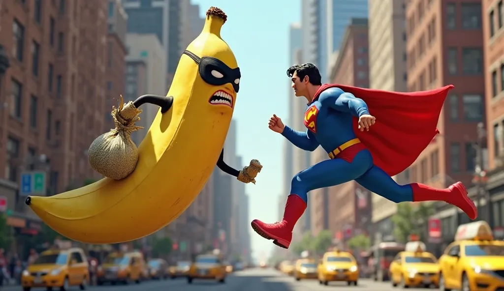 A busy New York street during the day, with tall skyscrapers, yellow taxis and pedestrians running around scared. In the center of the scene, a giant humanoid banana wears a black thief mask, with a malicious expression . She holds a bag of stolen money in...