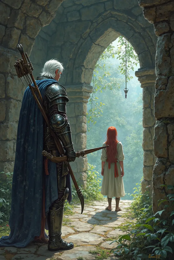 In a cell in a forgotten Sanctuary, a tall archer, in armor and white hair with touches of blue and a medieval army chief, short white hair, looking at a red-haired nature fairy that is chained in the middle of the hall