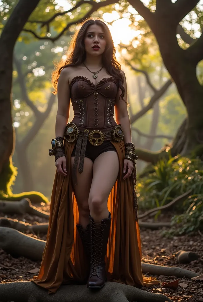 A hot young curvy girl,with wide hips, sexy exposed thick thighs, very very wide hips, exposed Belly ,In a captivating, ethereal tableau set in the heart of an ancient, moss-covered oak forest at dusk, K3LLYL0S, with her long, wavy brown hair cascading lik...