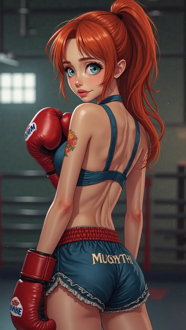 20-year-old student, Who trains Muaythai, She is beautiful and redheaded ,  with blue eyes,  super realistic, She's wearing Muaythai shorts and has her back looking back and seeing you, Blinking with an eye, She wears Boxing Gloves with the acronym MXM lon...