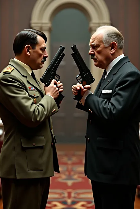 A video of Hitler and Churchill, each carrying a gun and looking at the other