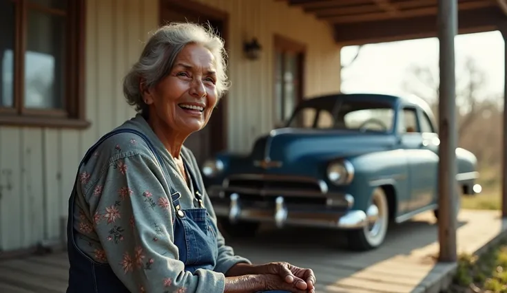 
"A woman over 74 years old,  with black skin , with a warm and wise expression , sitting on her porch while she tells her story. She wears a blue floral dress and a worn jumpsuit from work. Her gaze is directed at the camera, conveying emotion and depth. ...