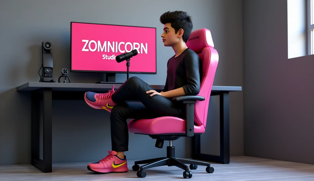 A hyper realistic 3D render of an a 22 years old beautiful Indian boy, sits on a pink gaming chair with yellow accent wearing modern black outfit with color matching shoes .behind him is a desk with computer monitor displaying the "ZOMNICORN studio" in lar...