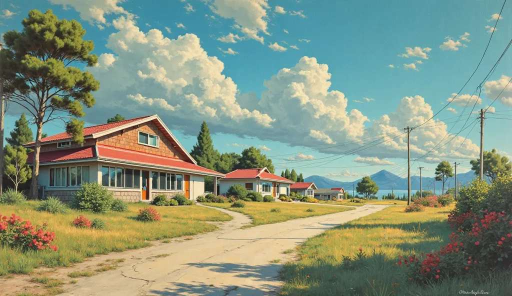 Hirhiroshi nagai painting landscape. Low income area. Beautiful. Retro futuristic. Poland. Chelsey bonestell painting. 