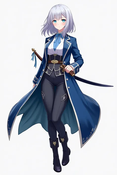 An anime 20 year old female. She is wearing a blue formal long coat with white trim, fancy pants, and boots. She has a Calvalry sword belted at her waist. Her eyes are glowing blue, and her hair is silver. 