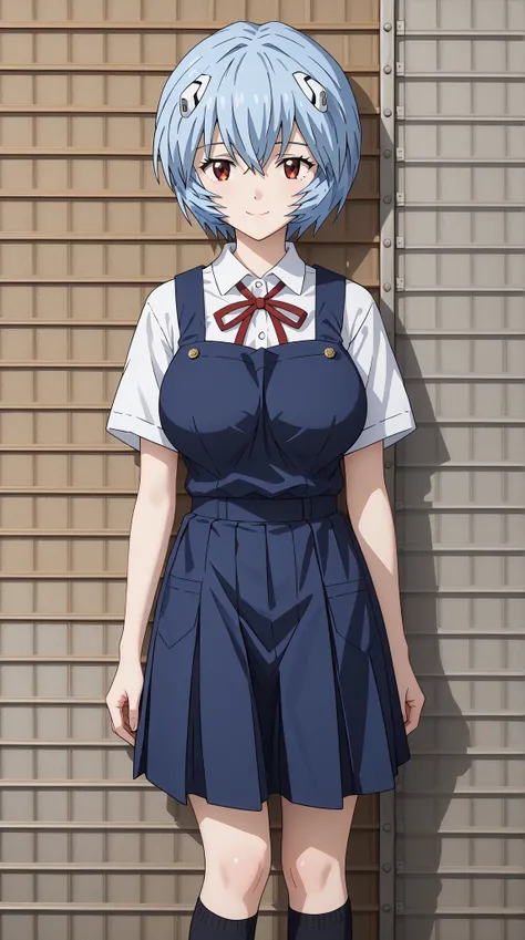 (UHD, retina, masterpiece, accurate, anatomically correct, super detail, high details,   highres, 1080P, 16k、high detail RAW color art:1.3)、 ( Ayanami Rei:1.3)、(short hair、light blue hair:1.3)、(very gigantic breasts:1.5)、(shiny skin:1.3)、(school uniform, t...