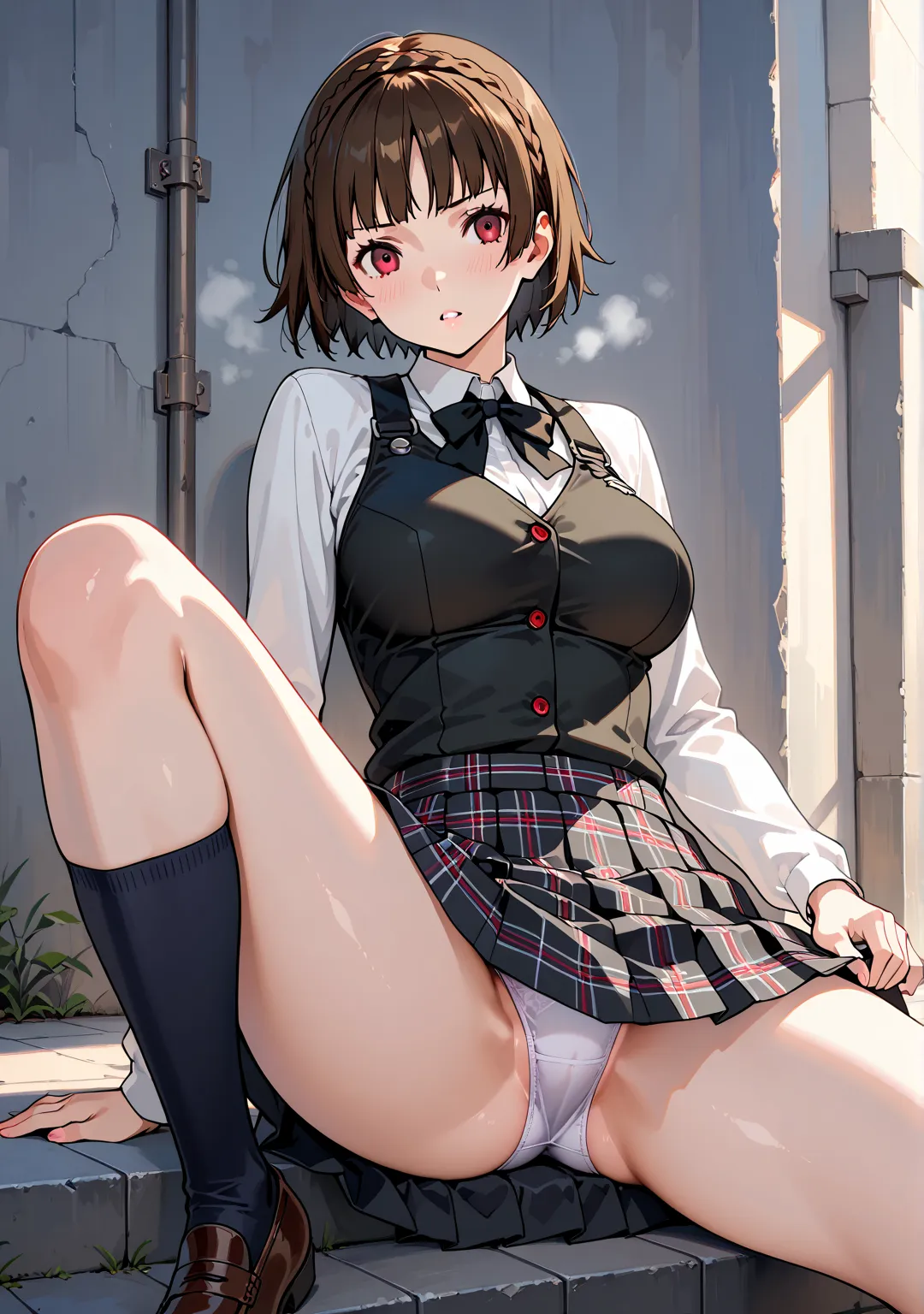  Ultra High Definition、 Beauty、ペルソナのMakoto Niijima、Makoto Niijima、 Persona 5、  Highest quality、Panic face、School、Schoolのrooftop、rooftop、field、big breasts、 wind blows、and flip the skirt、hold the skirt with your hand、 Panchira、Gust of wind、low angle、panties、...