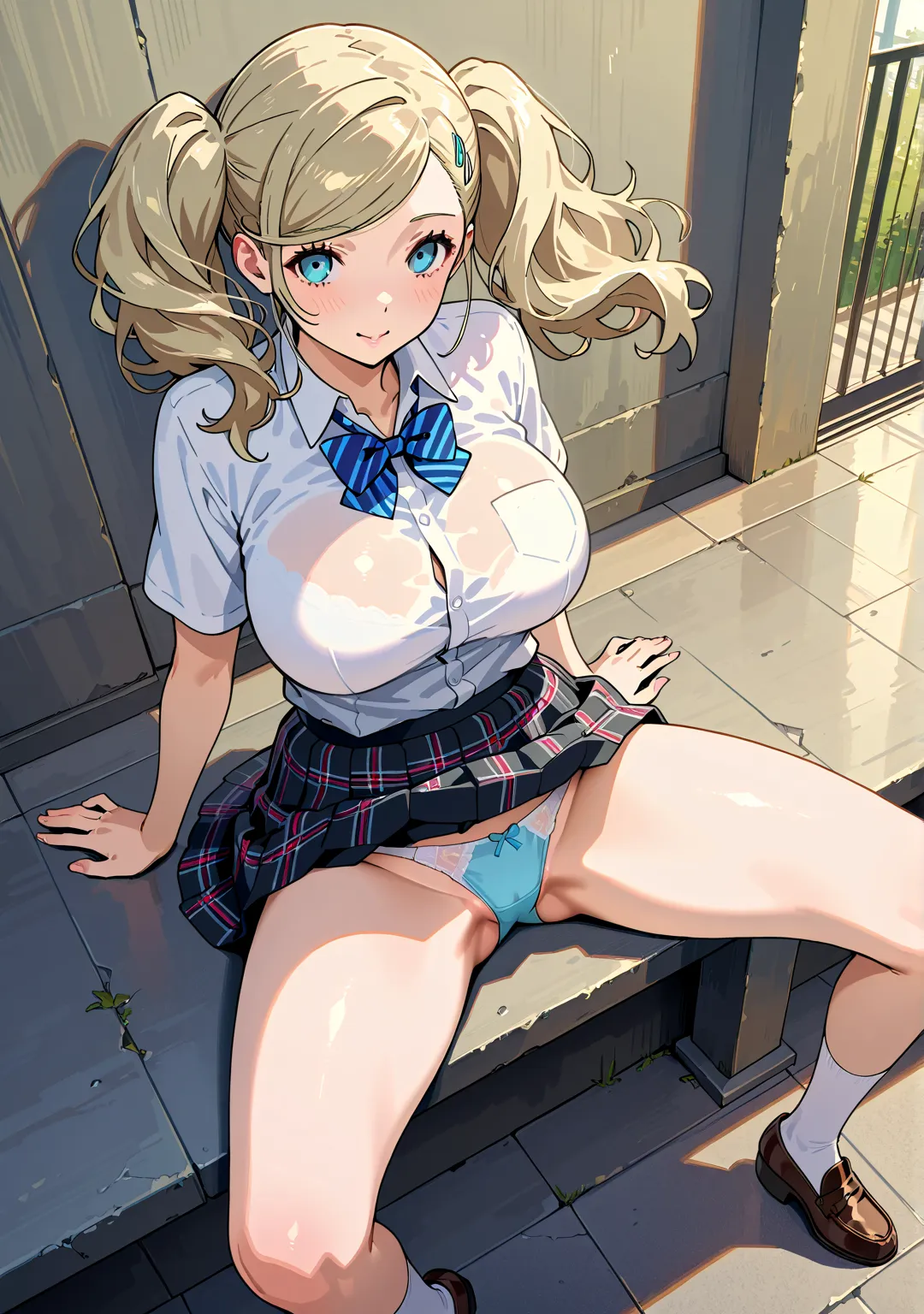  Ultra High Definition、 Beauty、ペルソナのApricot Takamaki、Apricot Takamaki、 Persona 5、 twin tails from above、 Highest quality、Panic face、School、Schoolのrooftop、rooftop、field、big breasts、 wind blows、and flip the skirt、hold the skirt with your hand、 Panchira、Gust ...