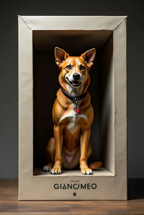 Generate an image of a collectible dog toy related to the movie Amores Perros, This dog must be inside a box as if it were a doll, It also incorporates a price tag, limited edition and boxed design 