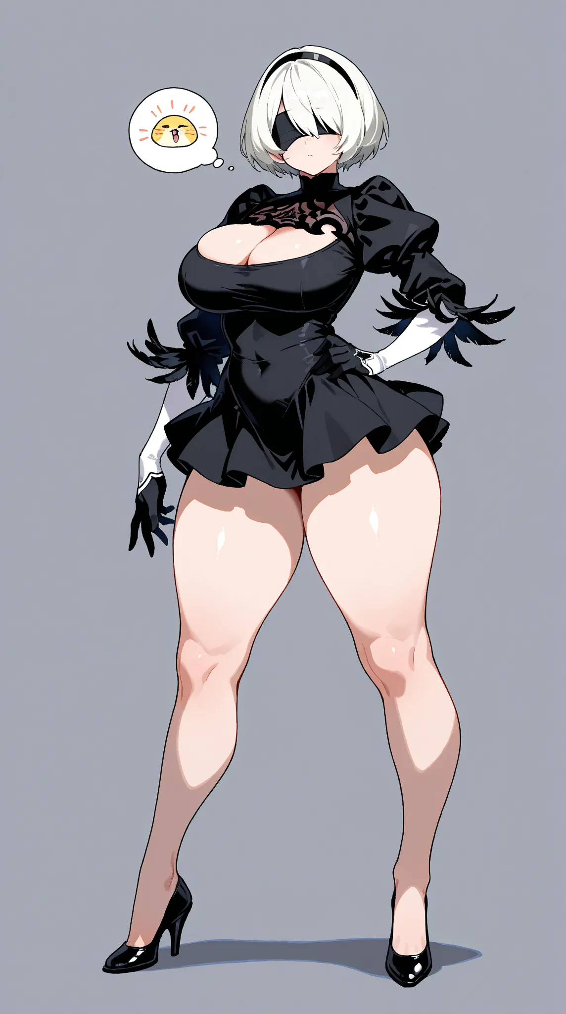 score_9, score_8_arriba, score_7,  Simple background , 2b, blindfold that covers your eyes , diadema, White hair, short hair, Big breasts,  Curvy thighs , full body,  clothing trim ,  cleavage cut , black dress,  mangas abullonadas,  feather-embellished sl...