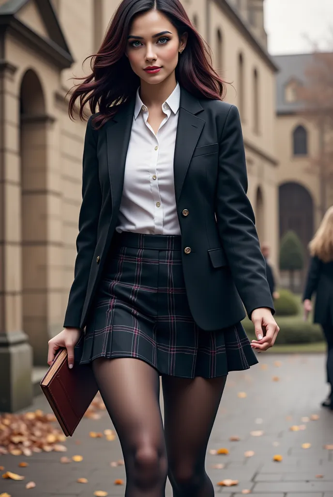 A cinematic, hyper-realistic full-body portrait of Aurora Raven Nyx, exuding confidence and elegance in a **stylish preppy outfit**. She wears a **tailored black blazer**, fitted to highlight her slender waist, paired with a crisp **white button-up shirt**...