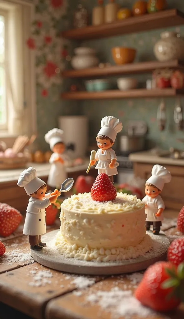 A lively and heartwarming scene featuring tiny, adorable chefs working together in a bustling miniature bakery. These tiny chefs, dressed in classic white hats and aprons, are full of energy and joy as they prepare a delicious cake. Some are standing on su...