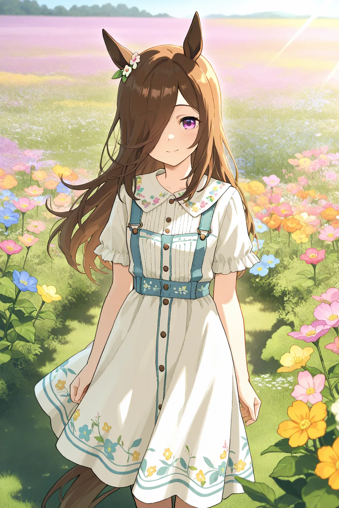 rice shower ( Uma Musume),   horse ears,     animal ears,   The hair hangs down to hide one eye, horse Tail,   horse  girl , Tail,Playing with little birds、 in the woods、Flower Field、