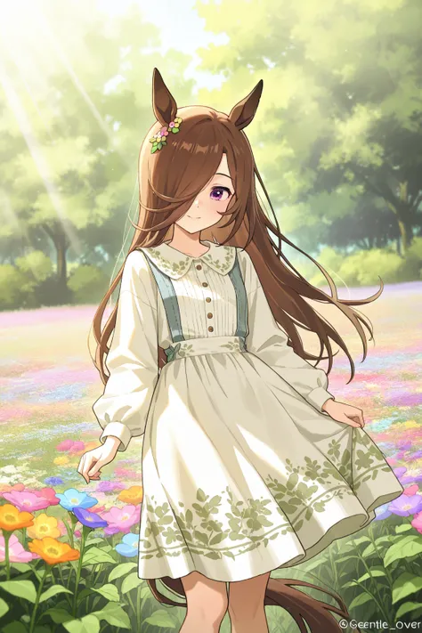 rice shower ( Uma Musume),   horse ears,     animal ears,   The hair hangs down to hide one eye, horse Tail,   horse  girl , Tail,Playing with little birds、 in the woods、Flower Field、