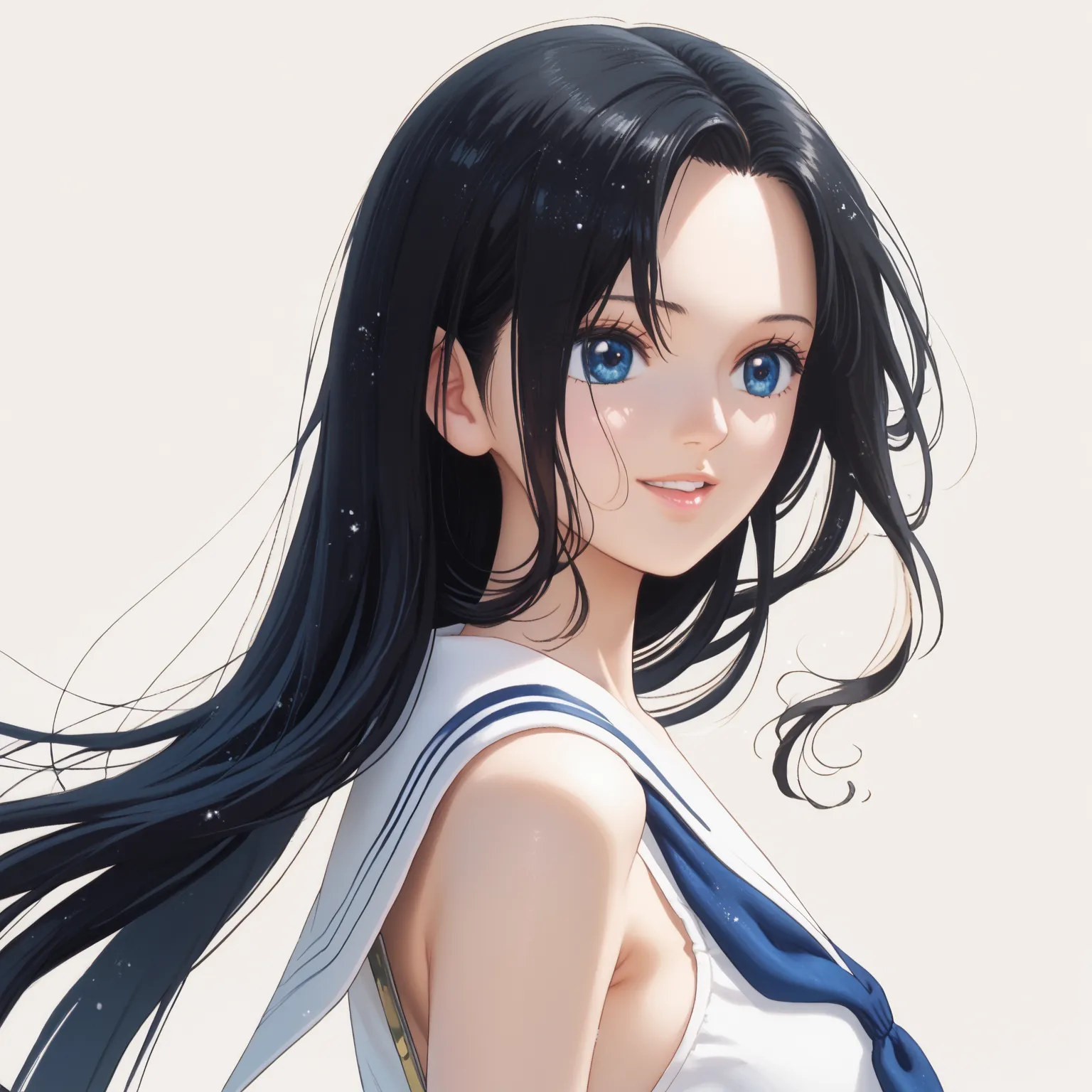 1 girl, solo, long hair, looks at one woman, chest, smiles,  blue eyes,  black hair, High Resolution, masterpiece, anatomically correct, とてもlong hair, hair fluttering in the wind, Straight Hair,  Shoulder Hair , chest, 大きなchest,  happy/joy, smiles, sling, ...