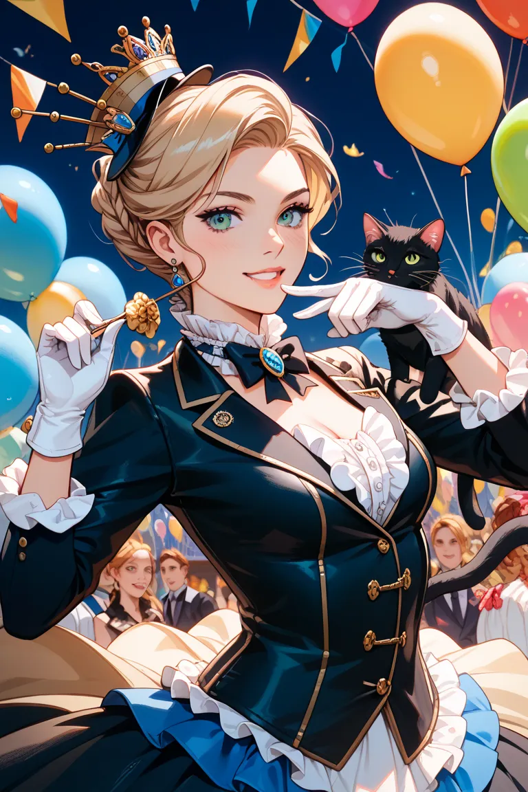 A black cat dressed in an aristocrat costume。Surrounding area is a parade。Balloons are flying around