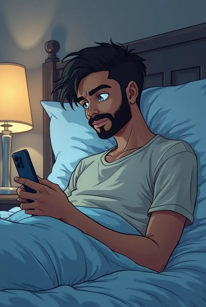 a young man lying in bed,  seen in profile , holding a cell phone in one hand, with his knees half contracted and his entire body visible on top of the bed.  is a brown man , thin, blue-green eyes, with a beard with more mustache and goatee and the rest of...