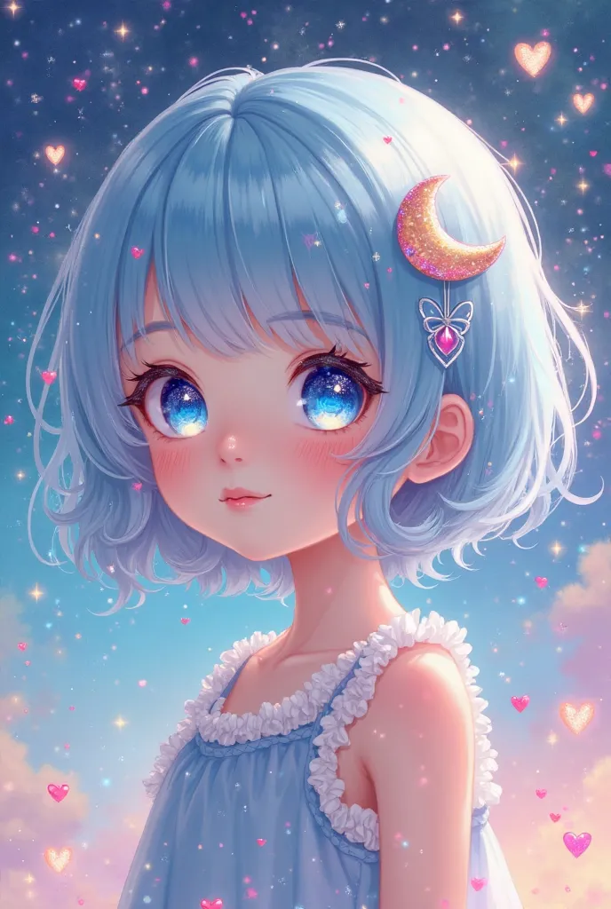 A short, baby-faced girl、 light blue hair、bangs、 Half Twin、Crescent hairpin on the right side of the bangs、 sparkling eyes、Moon image、Yume cute 、colorful stars and hearts on white background