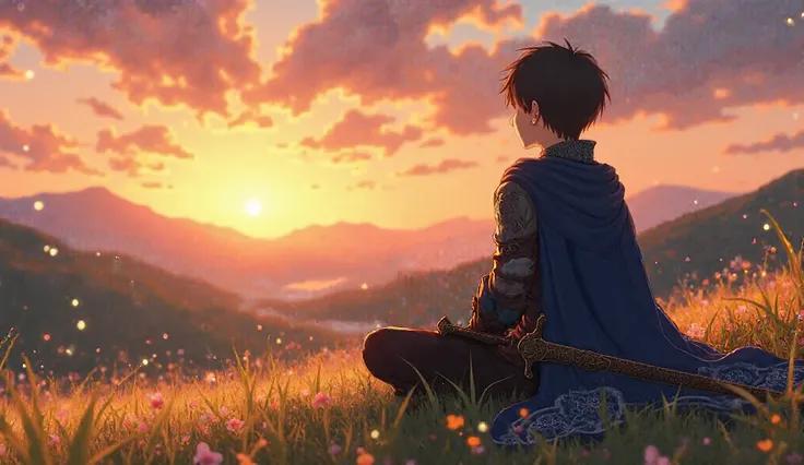 Highly detailed anime-style illustration of a young warrior sitting in a vast, open field at sunset, gazing at the breathtaking landscape before him. He is positioned in the bottom right corner of the 16:9 frame, wearing a finely crafted fantasy-inspired s...