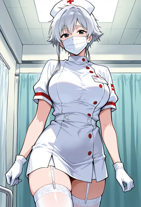Score_9, score_8_up, score_7_up, source_anime, is4ne, solo, silver hair, short hair with long locks, black eyes, large breasts, (best quality), (high quality), {masterpiece}, extremely delicate and beautiful, ultra-detailed, beautiful detailed eyes, nurse,...