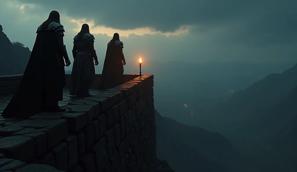 The silhouette of the warriors on the wall of Helm's Deep looking out to the horizon.
 elements : Dramatic silhouettes against the dark sky, faint torch lights.
 Predominant color : Dark tones, shadows and warm red lights from torches.