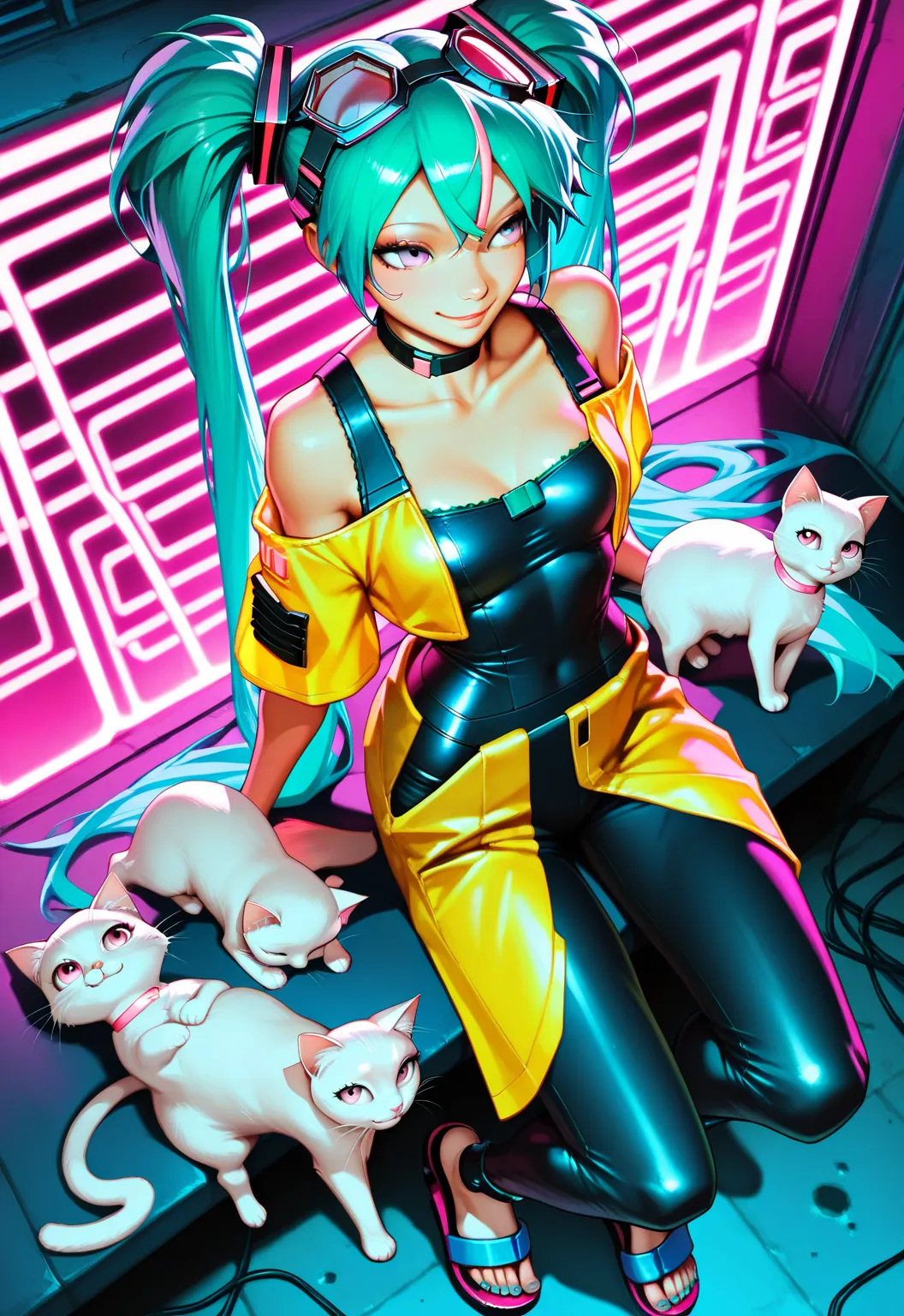   Hatsune Miku, ,long hair,twin tails from above , chest,  pink eye,  video viewers ,hip vent ,hair clip, bangs, Tying up hair ,  Sandals on the skin  , choker, big goggles on the head,kitten, Future Neon City, yellow clothes  ,dynamic pose,smile, Gold,kit...