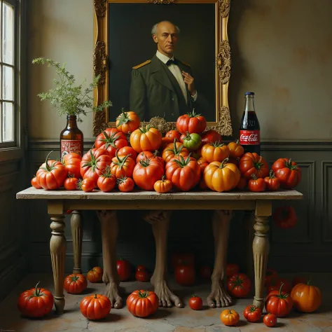 surreal stilleben painting of a mysterious ancient room with a table, the table legs are human legs, on the table are luxurious bowls with a variety of surreal tomato sorts in all shapes and colors and bottles and cans with coca cola, classic art, dreamy, ...