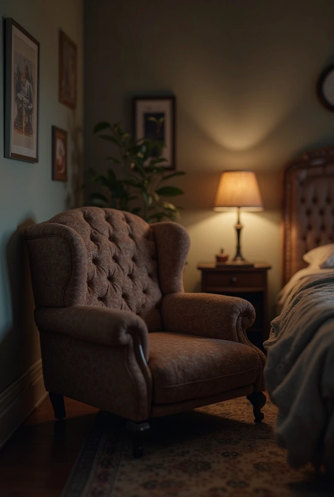 Chair facing the bed at night in the bedroom 