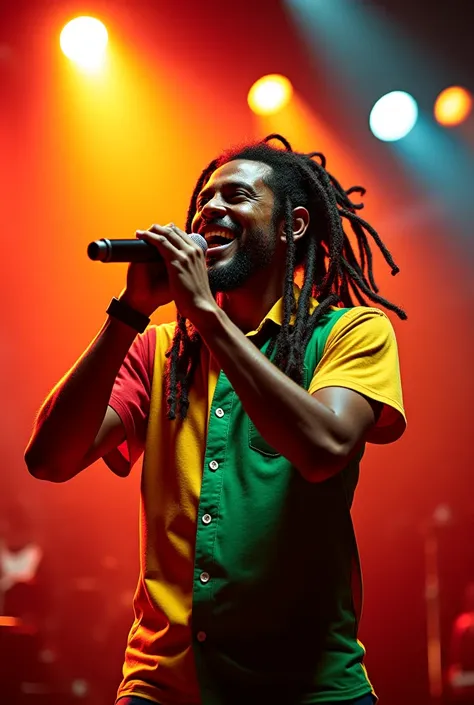 A vibrant and striking image Of a high performance artist at center stage. Ele é um homem com dreadlocks longos, holding a pipe in one hand and a microphone in the other, singing with a face of contagious joy. Your expression transmits energy, charisma and...