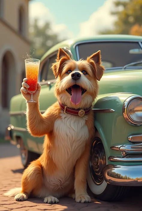 Can you create a drawing for me about a dog next to a car ,Raising a glass 