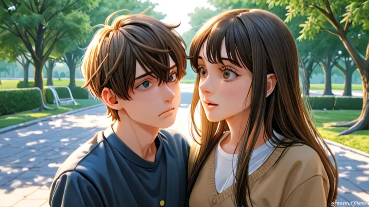  park with my pet、The scene where one dog walked up to me、brown puppy、Only one boy and a girl are shown、The boy and girl are both high school students the same age、The camera shows the entire distance、boy and brown-haired girl、Draw the same face as the ima...