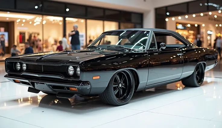 A  full side view photo of a Atlas black 2025 Plymouth Roadrunner with a sleek, full modified, modern design. The car is parked on a white surface. The background is a shopping mall with white lights. The photo reveals the luxurious interior. The overall a...