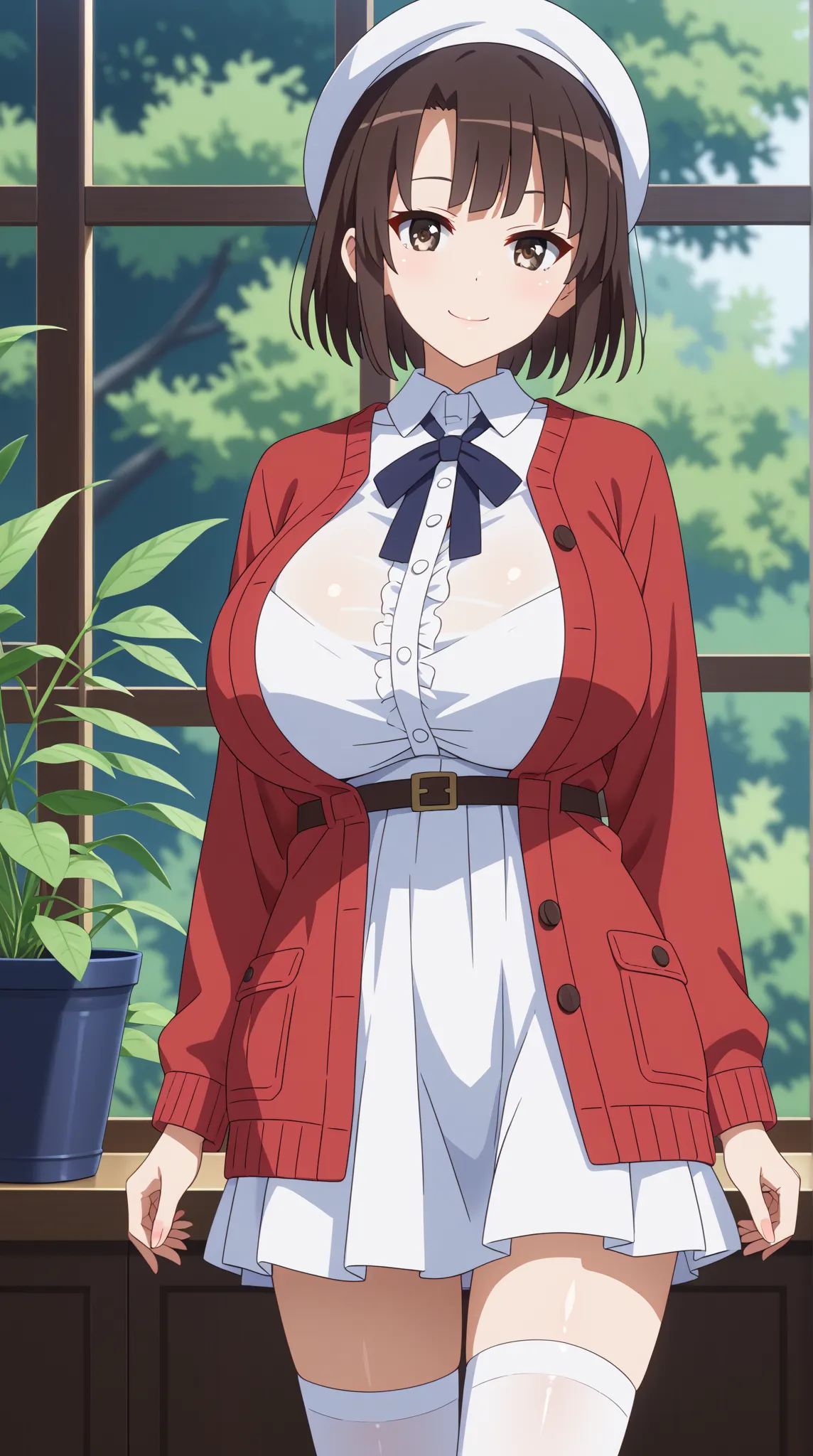 (UHD, retina, masterpiece, accurate, anatomically correct, super detail, high details,   highres, 1080P, 16k、high detail RAW color art:1.3)、 (megumi katou:1.3)、(short hair、brown hair, brown eyes:1.3)、(very gigantic breasts:1.5)、(shiny skin:1.3)、(jacket, lo...