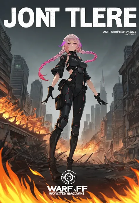 1 Girl， solo，twin_braids,gradient hair,, war，fire，explode，City，monster，，sci-fi，joint，joint， magazine cover