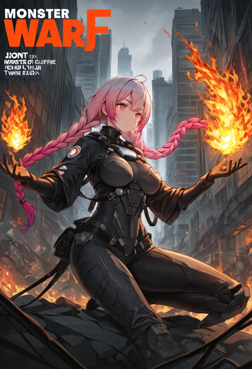 1 Girl， solo，twin_braids,gradient hair,, war，fire，explode，City，monster，，sci-fi，joint，joint， magazine cover