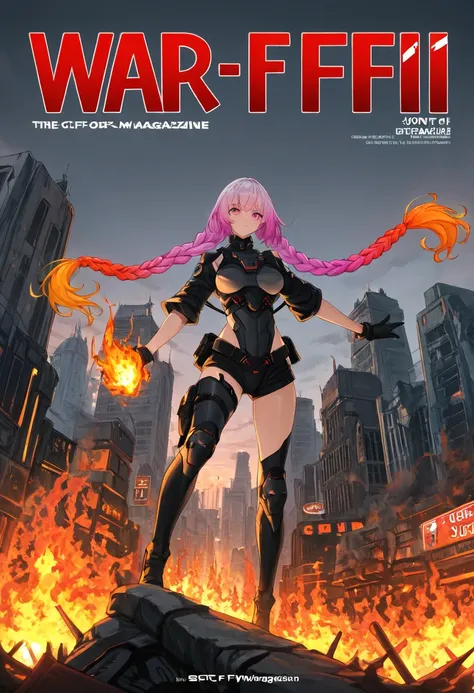 1 Girl， solo，twin_braids,gradient hair,, war，fire，explode，City，monster，，sci-fi，joint，joint， magazine cover