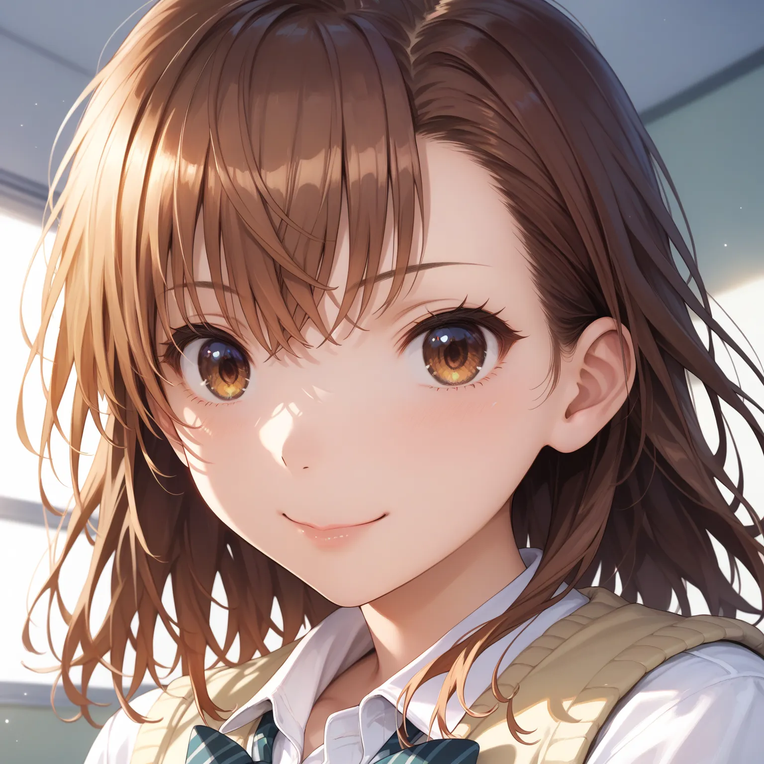 masterpiece, best quality, highly detailed, 8k uhd,perfect anatomy, perfect face, detailed face, (((detailed eye))), source_anime, Misaka Mikoto face close-up, smile , Dutch angle, closed mouth, school uniform, short sleeve shirt, pale orange sweater