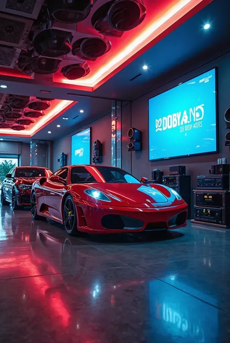 A futuristic luxury showroom with cinematic lighting, displaying a Ferrari F430 and BMW M5 diagonally. The environment features Dolby Atmos wall-mounted speakers, and an OLED screen showcasing the "Dolby Digital" logo. A transparent glass stand, elegantly ...